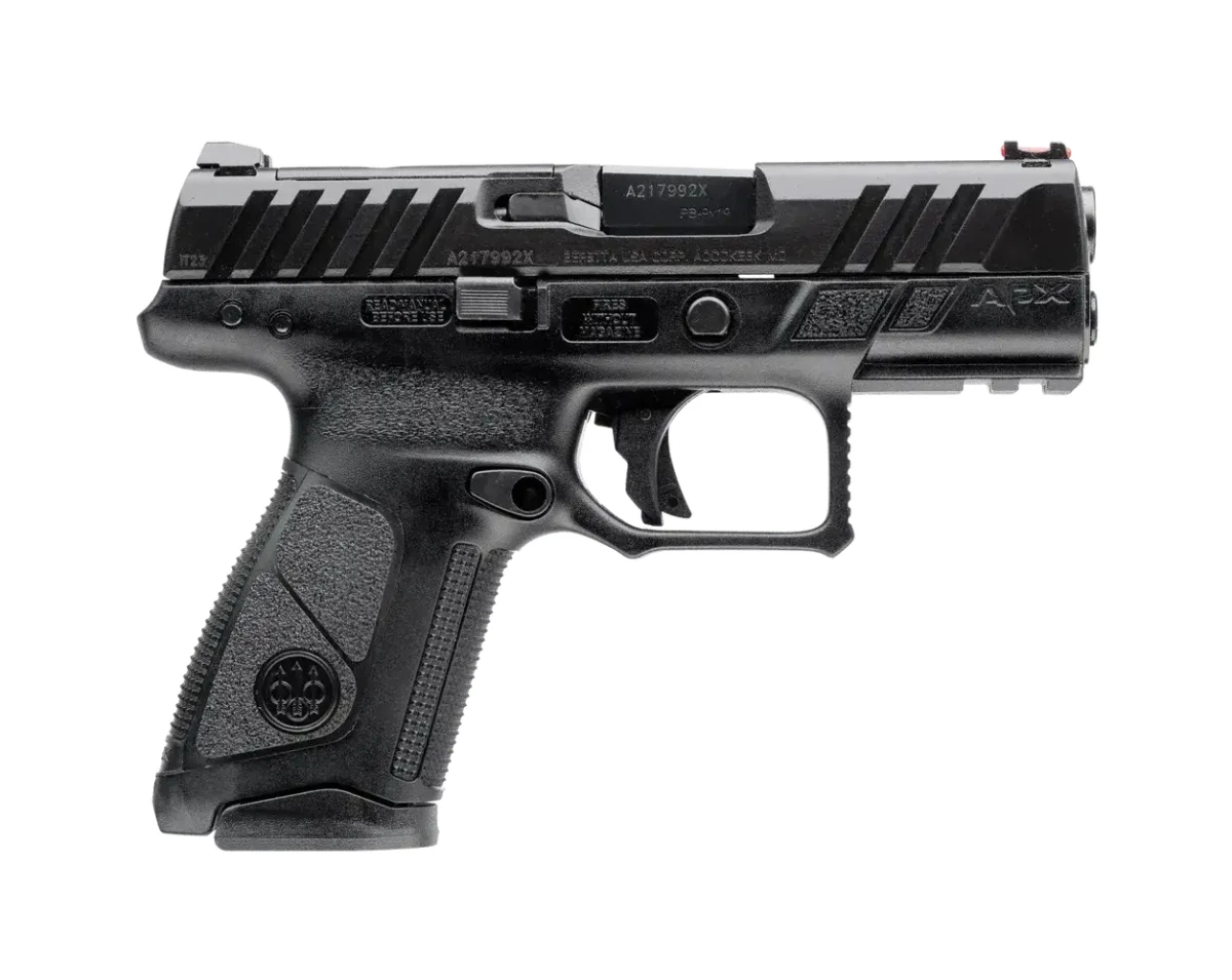 Pistolet Beretta APX Centurion 9x19 z widokiem bocznym, z lufą skierowaną w prawo. Stylowy design i innowacyjne funkcje, idealny do sportu strzeleckiego i obrony osobistej.