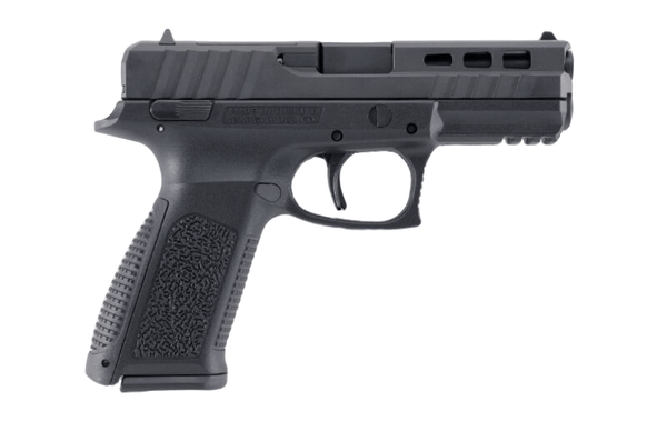 Pistolet AHSS FXS-9 z boku, lufa skierowana w prawą stronę - zaawansowane technologie w broni palnej.