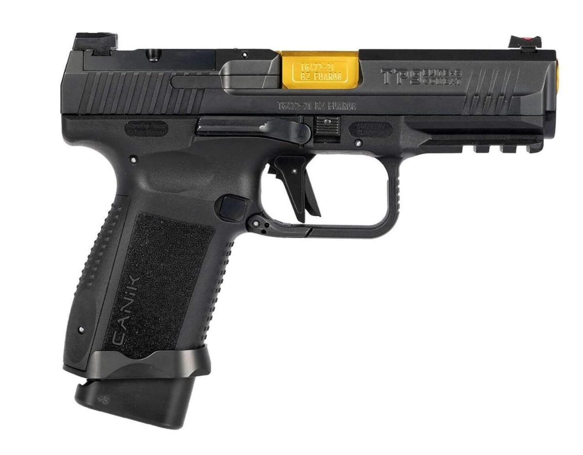 Canik TP9 Elite-S Combat kal. 9x19 - pistolet widok z boku, lufa skierowana w prawo. Wysoka jakość wykonania i nowoczesny design, idealny do sportu i samoobrony.