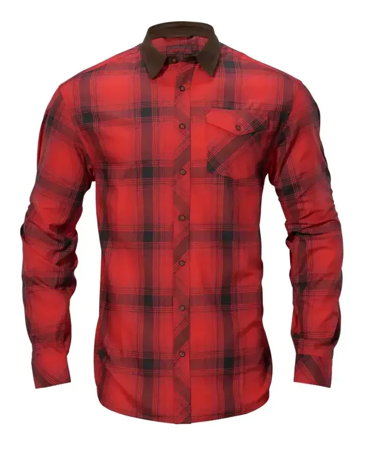 Koszula Härkila Driven Hunt Red/Black - przód, funkcjonalna odzież myśliwska z odblaskowymi elementami, idealna na polowanie i aktywności na świeżym powietrzu.