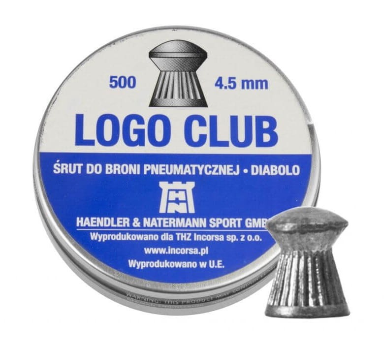 Opakowanie Śrut Logo Club kal. 4,5 mm - widok frontowy, idealny do strzelectwa detali i amunicji, doskonałe do wiatrówek i strzelb sportowych.