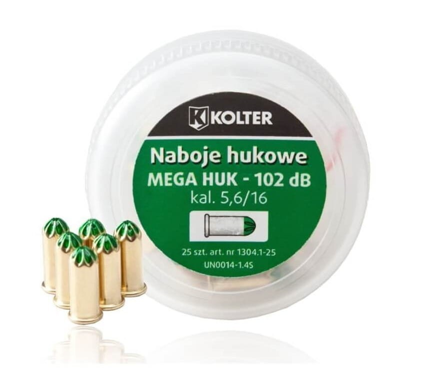 Amunicja hukowa Kolter Mega Huk o kal. 5.6/16, charakteryzująca się niezwykle niskim poziomem hałasu wynoszącym 102 dB. Amunicja idealna do szkolenia lub odstraszania zwierząt. Wysoka jakość wykonania oraz efektywność w działaniu to jej kluczowe cechy.