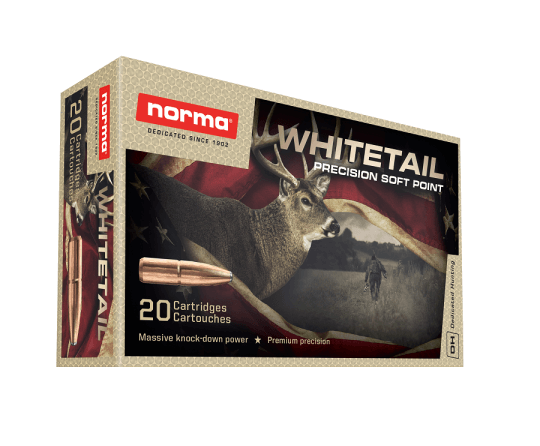 Opakowanie amunicji Kulowej Norma kal. 308 Win Whitetail, idealne do polowań i strzelania precyzyjnego.