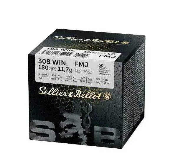 Opakowanie amunicji Sellier&Bellot kal. 308 Win FMJ 11,7g, 50 sztuk – wysoka jakość i niezawodność dla strzelców.