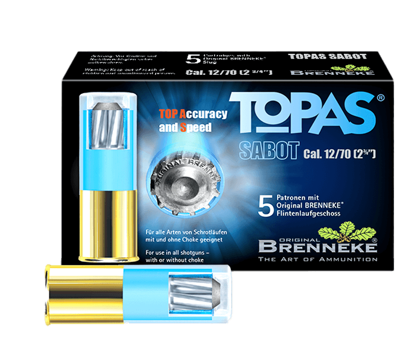 Opakowanie amunicji śrutowej Brenneke Topas kal. 12/70 z widocznym nabojem obok - idealne do polowań i strzelectwa.