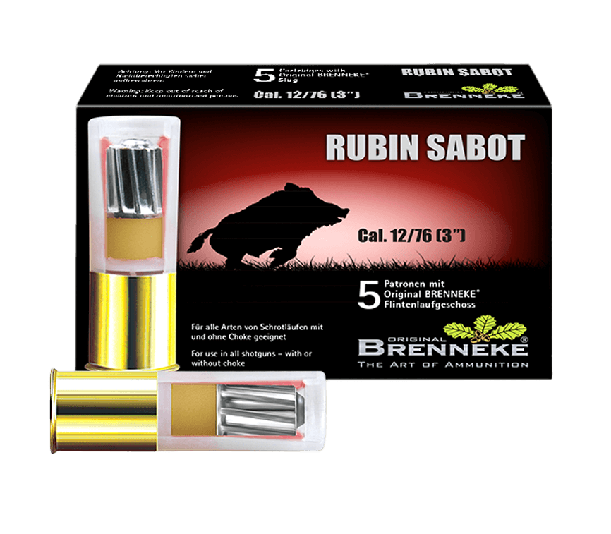 Opakowanie amunicji Brenneke Rubin Sabot kal. 12/76 z nabojem - wysoka jakość i precyzja strzału.