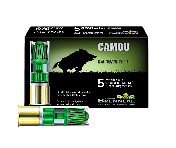 Opakowanie amunicji Brenneke Camou kal. 12/70 z widocznym nabojem – wysoka jakość i efektywność w strzelectwie.