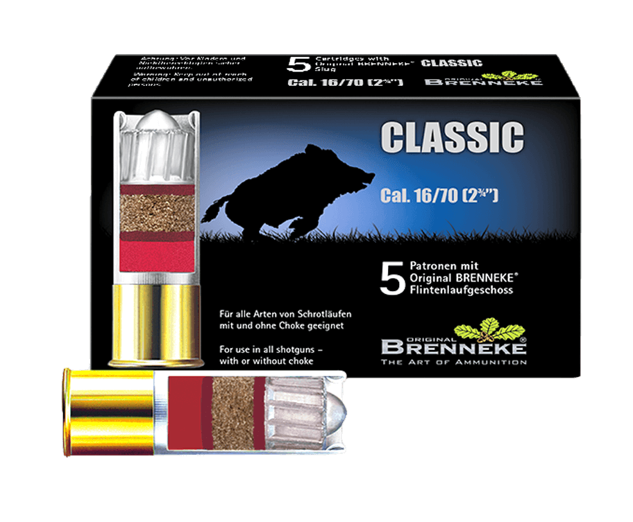Opakowanie amunicji Brenneke Classic kal. 16/70 z nabojem – Wysokiej jakości amunicja śrutowa Brenneke Classic, idealna do strzelania sportowego i myślistwa.