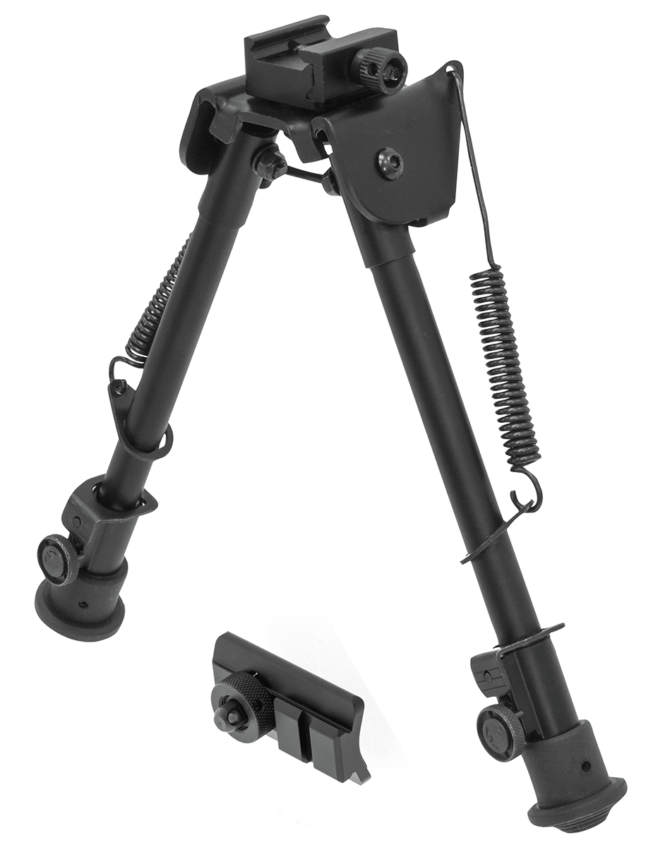 Bipod Leapers UTG Tactical OP QD 8-12,4 rozłożony w pozycji gotowej do użycia, idealny do stabilizacji broni.