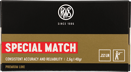 Amunicja RWS kal. 22 LR Special Match - opakowanie z przodu, idealna do precyzyjnego strzelania.