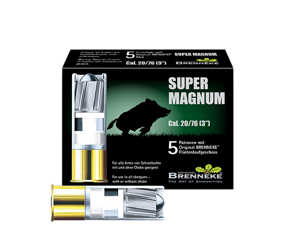 Opakowanie amunicji Brenneke Super Magnum kal. 20/76 - wysoka jakość i wydajność, idealne do polowań.