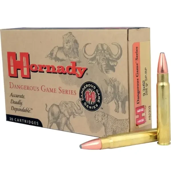 Opakowanie amunicji Hornady SP-RP 9,3x62 18,5g z nabojami - widok z przodu.