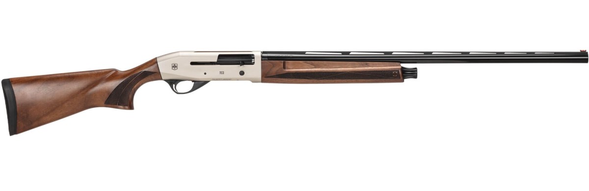 Półautomat śrutowy ATA Arms Neo Walnut Nickel kal. 12/76 – widok broni z boku, elegancka okładzina z orzechowego drewna oraz subtelne wykończenie w niklu, zapewniające doskonałą trwałość i estetykę.