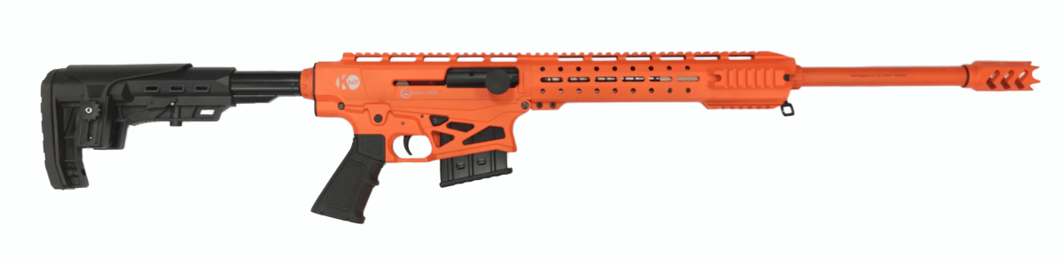 Półautomat Kral Arms K-12 Orange kal. 12/76 - bok z lufą w prawo. Wysokiej jakości strzelba półautomatyczna o nowoczesnym designie, idealna do sportu i myślistwa.