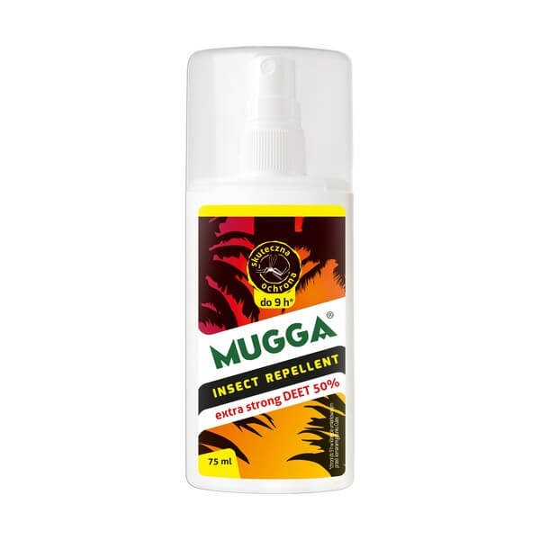 Mugga Extra Strong 50% DEET, skuteczny spray na komary i kleszcze, zapewniający długotrwałą ochronę w trudnych warunkach.
