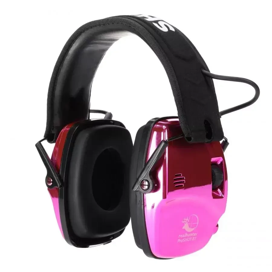 Słuchawki RealHunter Active ProSHOT BT Devil Pink, stylowe i funkcjonalne, idealne do ochrony słuchu podczas polowań.