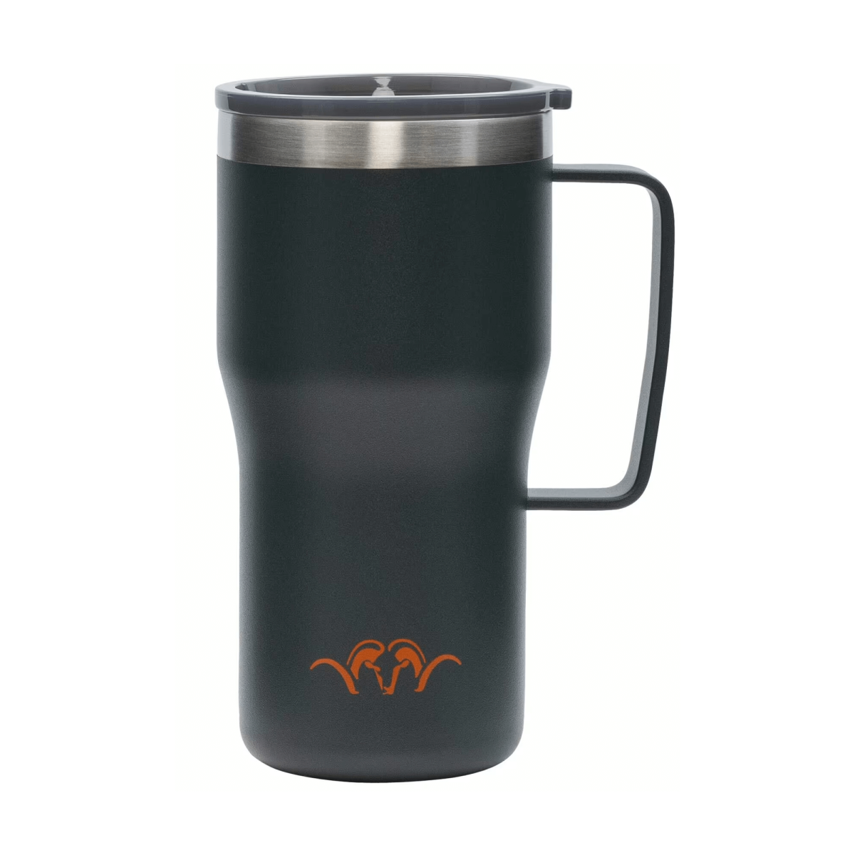 kubek termiczny Blaser 590 ml widok z boku, ukazując jego elegancką, antracytową powierzchnię wykonaną z trwałej stali nierdzewnej. Widoczne jest stylowe logo Argali na korpusie kubka, które podkreśla jego nowoczesny design