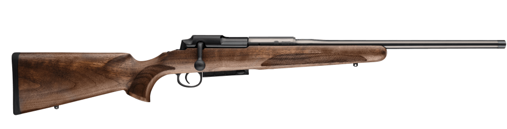 Sztucer Mauser 25 Pure, widok z boku z lufą skierowaną w prawo, pokazuje wykonanie z wysokiej jakości materiałów