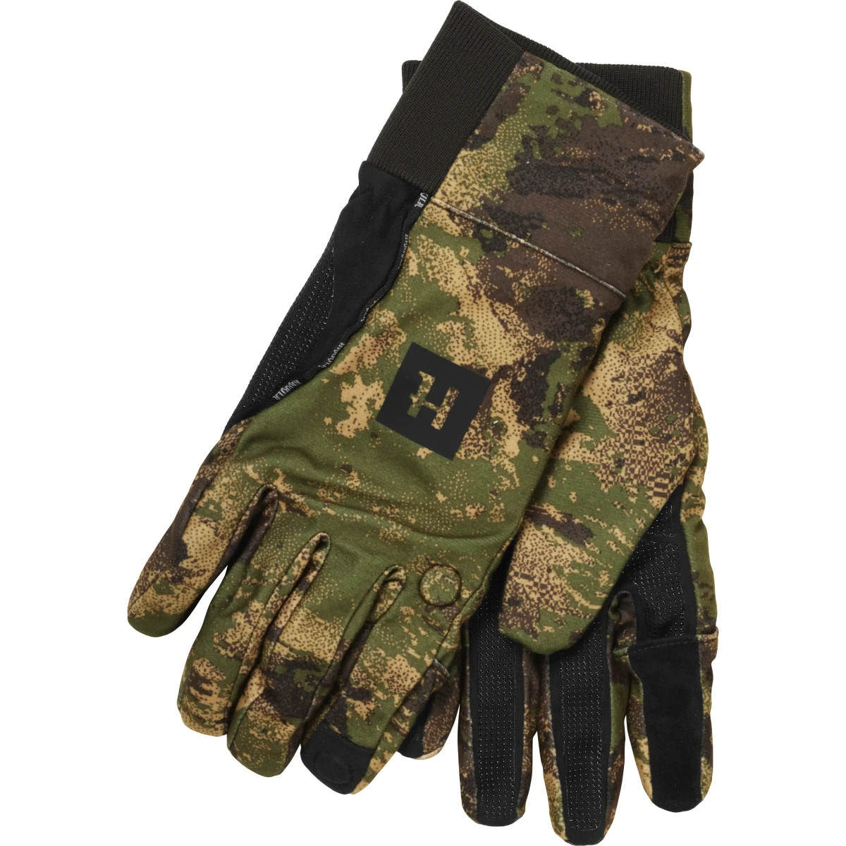 Wodoodporne rękawice myśliwskie Härkila Deer Stalker Camo HWS w kamuflażu AXIS MSP® Forest – techniczny model z membraną chroniącą przed deszczem i wiatrem.