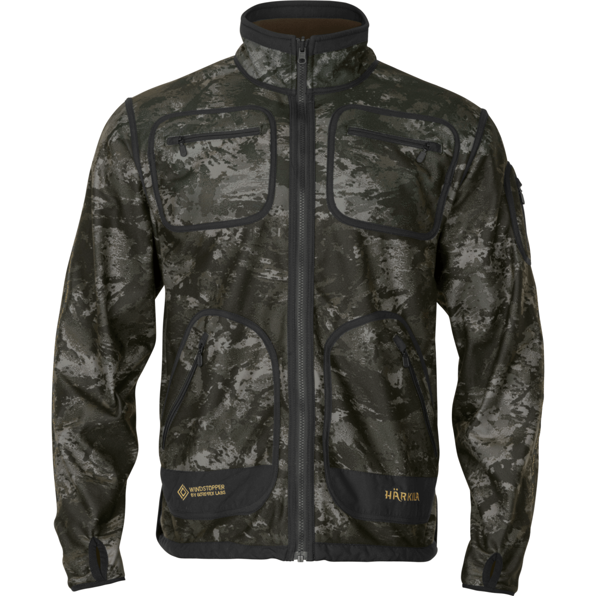 Dwustronny polar Härkila Kamko Noctyx WSP w ciemnym kamuflażu AXIS MSP® Black – profesjonalna kurtka wiatroszczelna z membraną GORE-TEX INFINIUM™ do polowań nocnych.