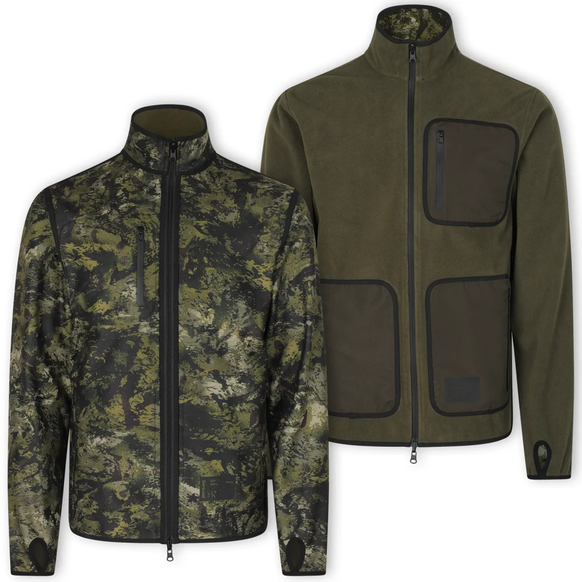 Zestawienie obu stron dwustronnej kurtki Seeland Reversible Fleece: klasyczna zieleń Light Pine obok zaawansowanego kamuflażu leśnego InVis Green.