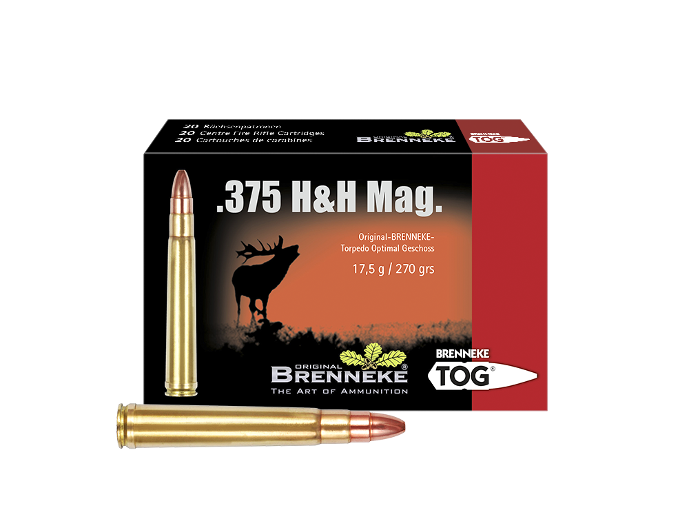 Paczka amunicji myśliwskiej BRENNEKE Teilmantel w potężnym kalibrze .375 H&H Mag. – ciężki pocisk półpłaszczowy 17,5g (270grs) na grubą zwierzynę.