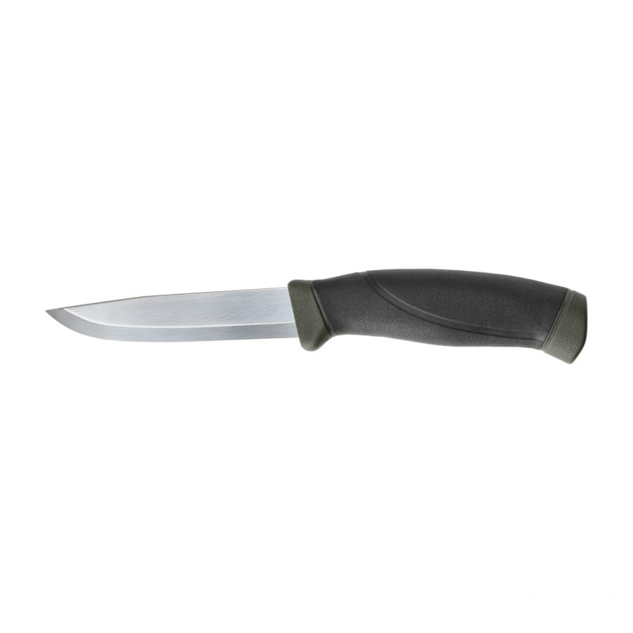 Nóż Morakniv Companion MG Oliwkowy – profil boczny z ostrzem ze szwedzkiej stali nierdzewnej i zieloną rękojeścią.