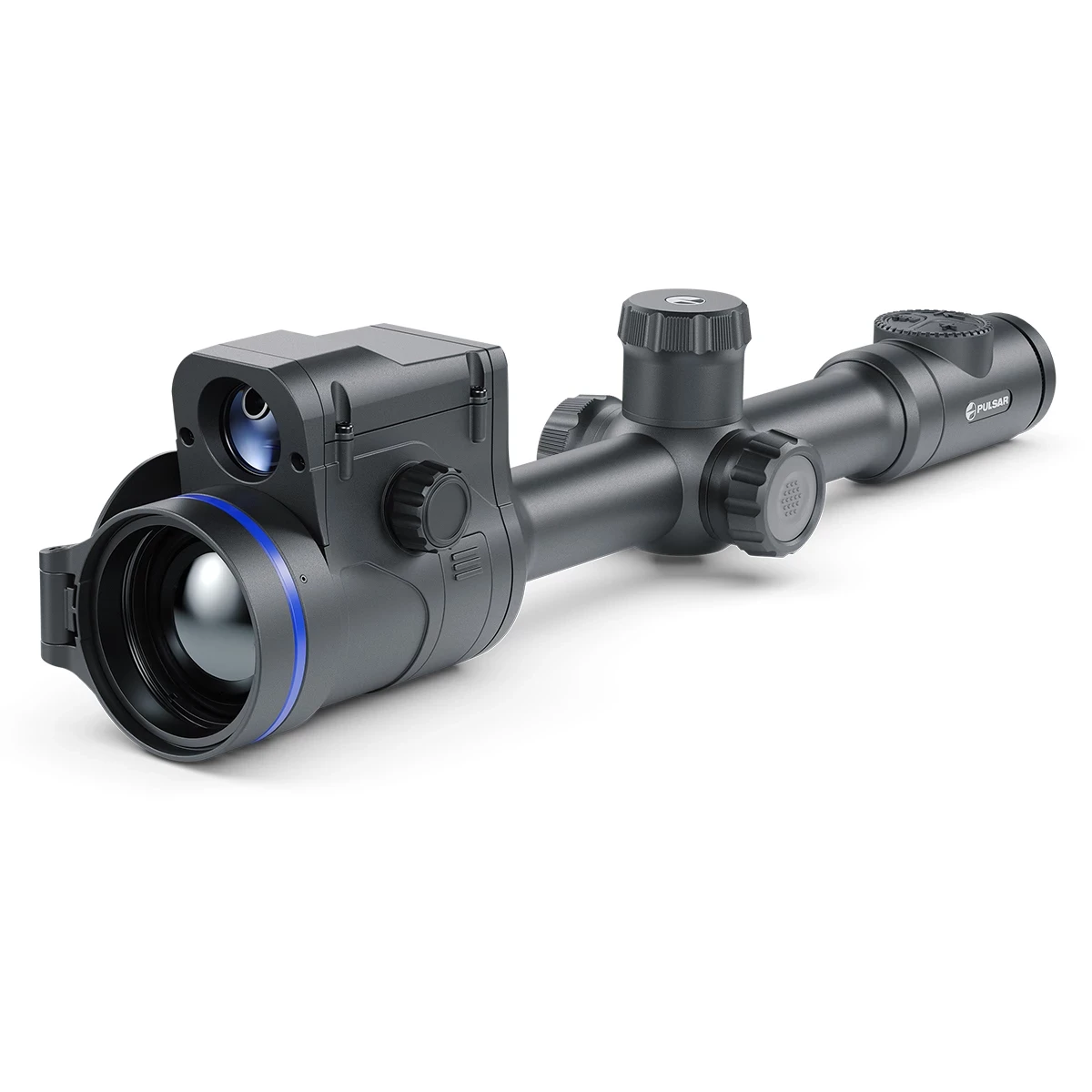Widok z góry na korpus lunety Pulsar Thermion 2 LRF XP50 PRO – układ przycisków sterujących na okularze i moduł pomiarowy LRF.