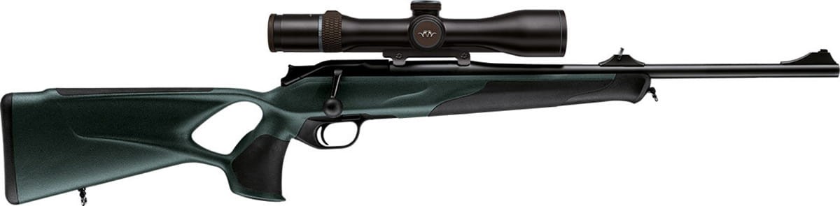 Blaser R8 Professional Success – boczny widok na sztucer z lufą skierowaną w prawo. Wysokiej jakości broń myśliwska z ergonomicznym designem i precyzyjnym systemem przeładowania, idealna do polowania.