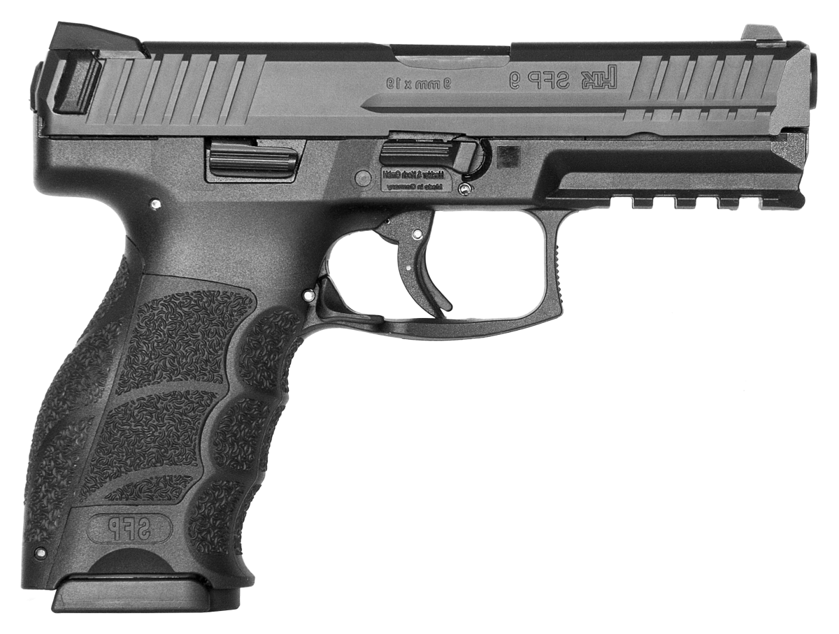 Pistolett H&K SFP9-SF kal. 9x19, lufa skierowana w lewą stronę, pokazująca nowoczesny design i funkcjonalność broni.