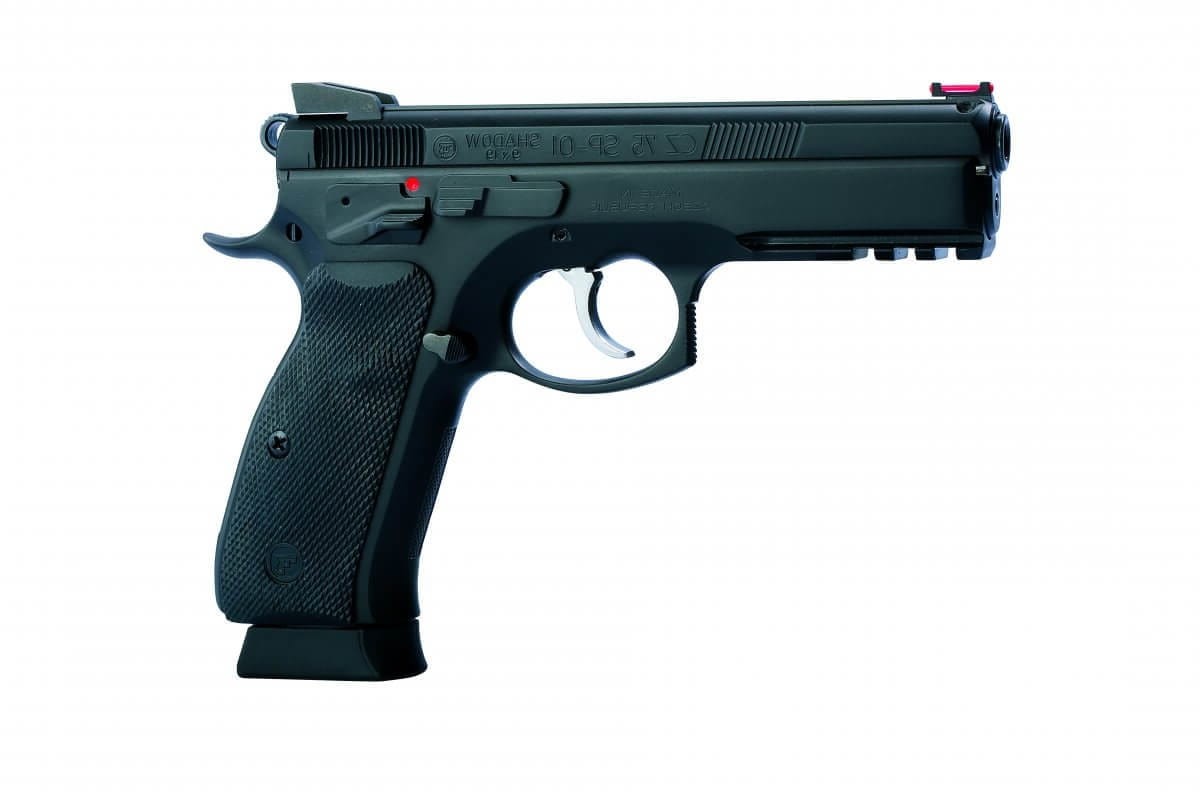 Pistolet CZ 75 SP-01 Shadow kal. 9x19 widok z boku, lufa skierowana w lewo, prezentujący elegancki design i solidną konstrukcję.