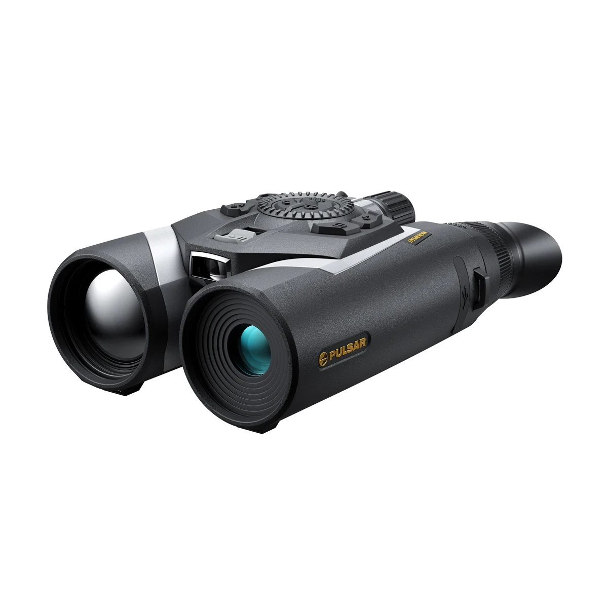 Zbliżenie na obiektywy lornetki Pulsar Symbion LRF DXT50. Widoczny dalmierz laserowy i optyka HD - Sklep Ostoja24