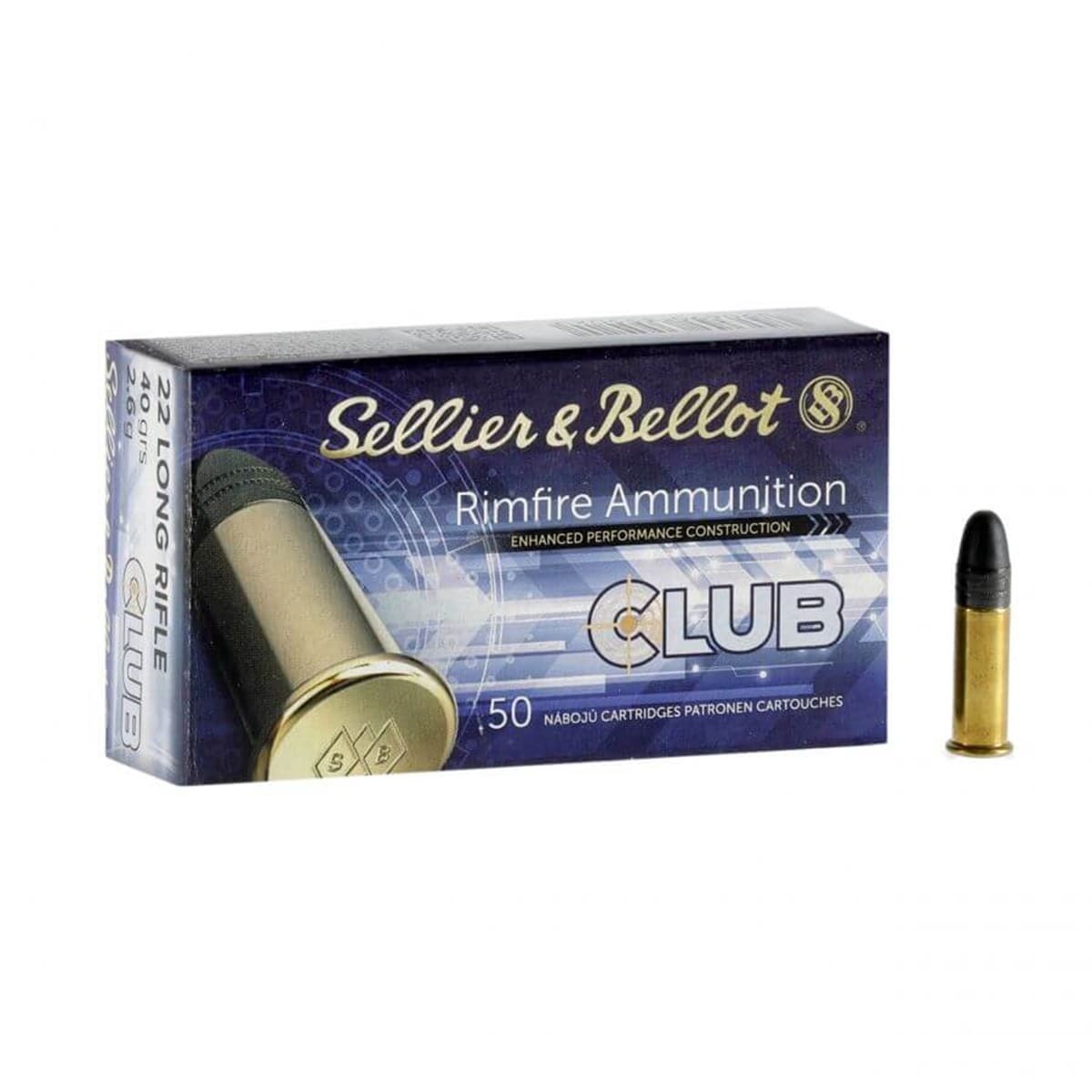 Amunicja Sellier & Bellot 22 LR CLUB LRN - opakowanie z nabojem obok, idealne do strzelectwa sportowego