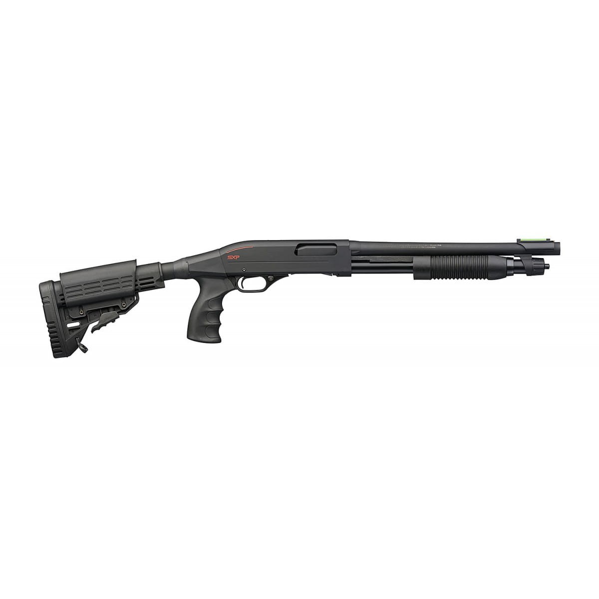 Prawy profil strzelby Winchester SXP Defender Tactical Adjustable 12 76. Taktyczna kolba z regulowana baka policzkowa