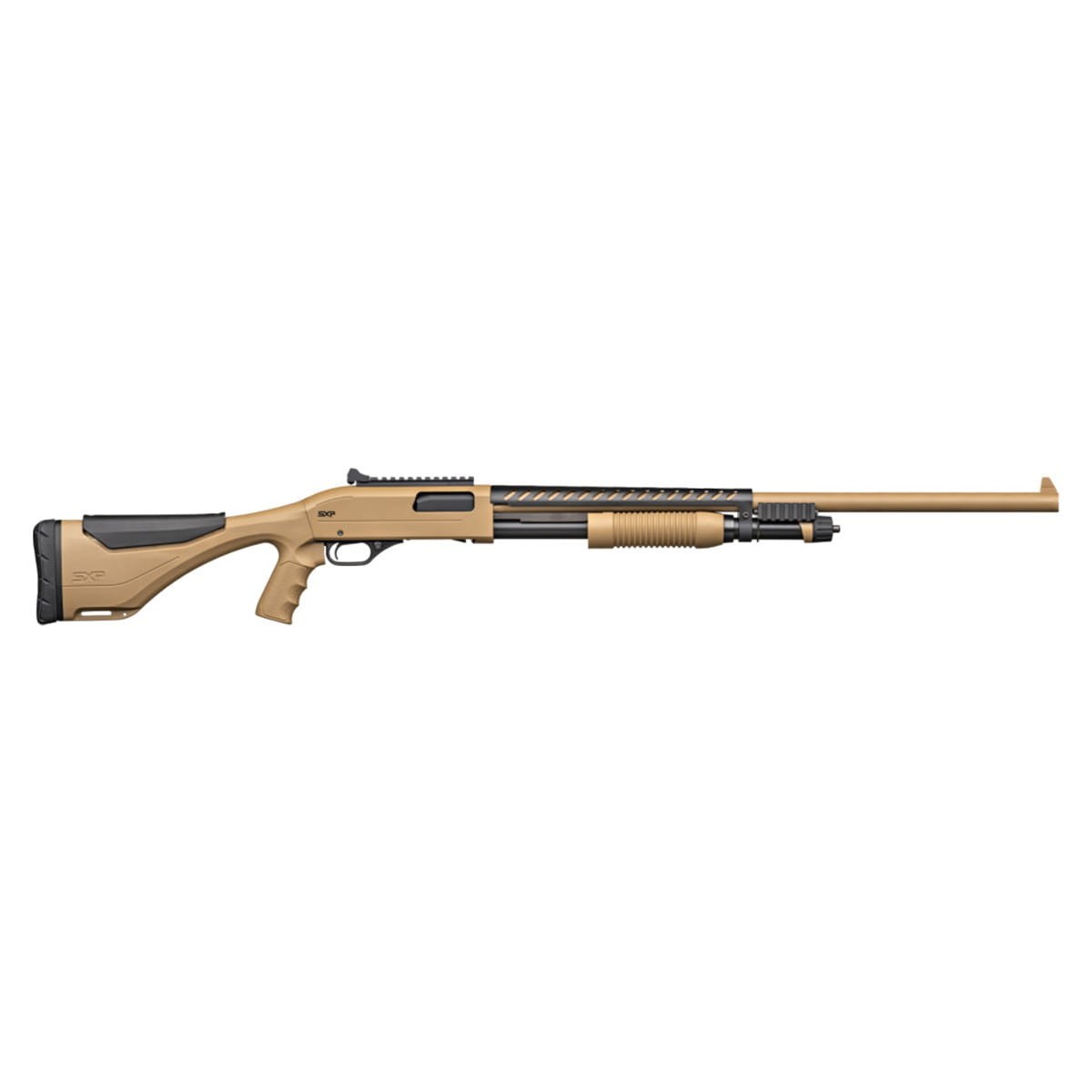 Prawy profil strzelby Winchester SXP XTREM Dark Earth Defender Rifled 12 76. Taktyczna osada w kolorze piaskowym