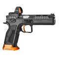 Wyczynowy pistolet CZ TS 3 Orange 9x19 mm z zamontowanym sportowym kolimatorem dzięki fabrycznemu wycięciu w systemie Optics-Ready (OR).