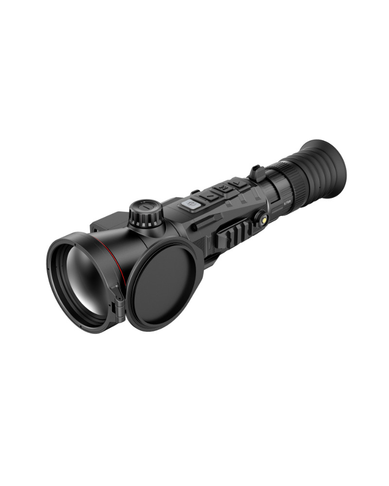 Boczno-frontalny widok na zaawansowany celownik termowizyjny NOCPIX RICO 2 S75R, efektownie eksponujący potężny obiektyw 75 mm oraz zintegrowany moduł dalmierza na wytrzymałym, myśliwskim korpusie.