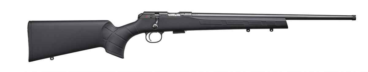 Karabinek CZ 457 Synthetic kal. 22LR widok z boku, lufa skierowana w prawo. Nowoczesny design i ergonomiczna konstrukcja.