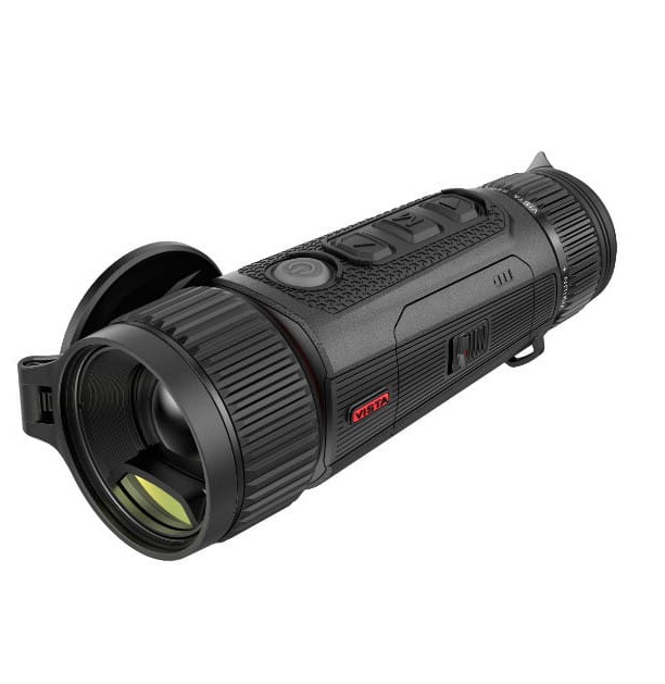 Rzut pod kątem na termowizor Nocpix Vista H35R, eksponujący zintegrowany dalmierz laserowy LRF. Pozwala on na precyzyjny pomiar odległości do celu do 1200 metrów podczas polowania.