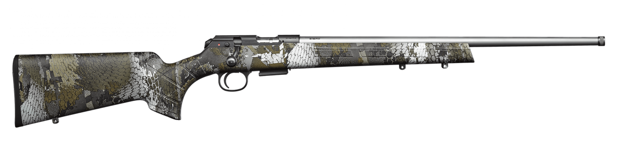 Sztucer CZ457 Camo Stainless kal. 22 LR - widok boczny z lufą w prawo, ukazujący elegancki design i wykończenie w kamuflażu, idealny do polowań oraz strzelectwa na dużych odległościach.