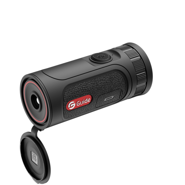 Monokular termowizyjny Guide TE211M, widok główny prezentujący ultralekką konstrukcję o wadze zaledwie 205 g, stworzoną dla pasjonatów outdooru do dyskretnej obserwacji nocnej.