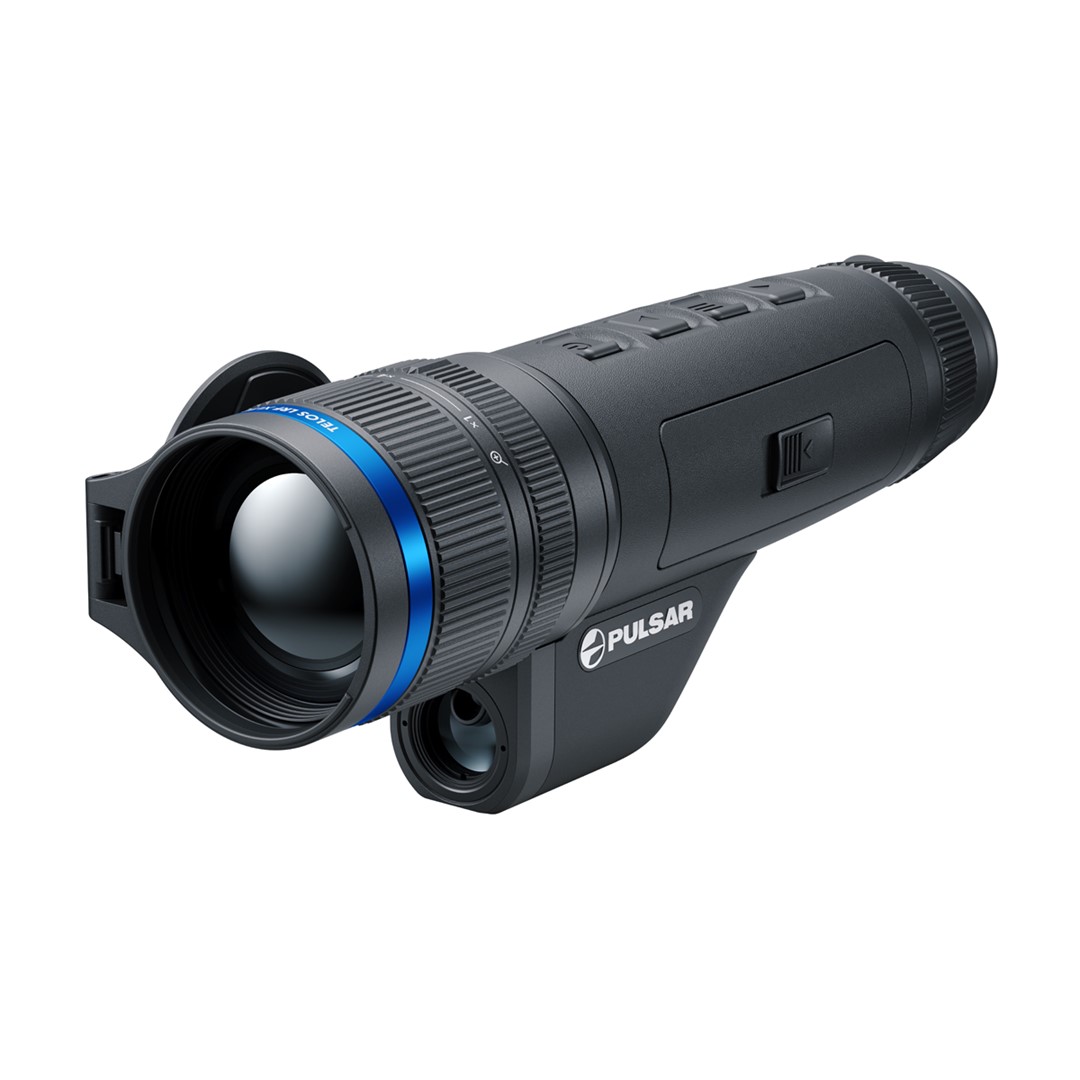 Zbliżenie na potężny obiektyw 50 mm w monokularze Pulsar Telos LRF XL50, który we współpracy z sensorem HD 1024x768 px zapewnia detekcję celu na dystansie do 2300 metrów.