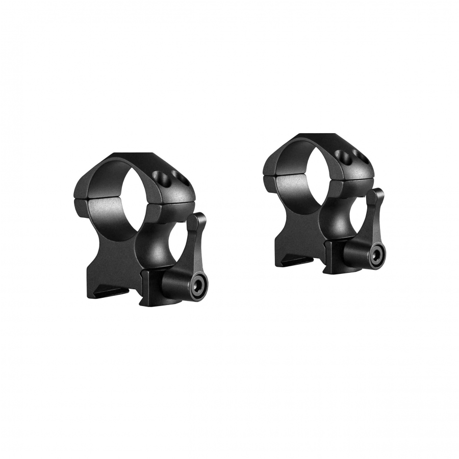 Widok ogólny na dwuczęściowy, wysoki montaż lunety Hawke Precision Steel 1 cal. Wykonany z solidnej stali zestaw, przystosowany do stabilnego mocowania zaawansowanej optyki na szynie Weaver.