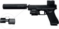Tłumik dźwięku Hush-Tac Pistol S zamontowany na gwincie lufy pistoletu taktycznego. Zestaw gotowy do dynamicznego treningu strzeleckiego, zapewniający stabilizację broni i doskonałą ochronę słuchu na osi.