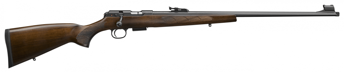Karabinek CZ 457 LUX 22 LR - profil boczny z lufą skierowaną w prawo, z detalami w konstrukcji i ergonomii.