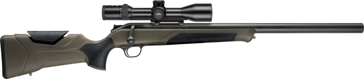 Widok ogólny z profilu na sztucer myśliwski Blaser R8 Professional 2.0 Silence w kolorze Dark olive, prezentujący ergonomiczną osadę syntetyczną oraz lufę ze zintegrowanym tłumikiem.