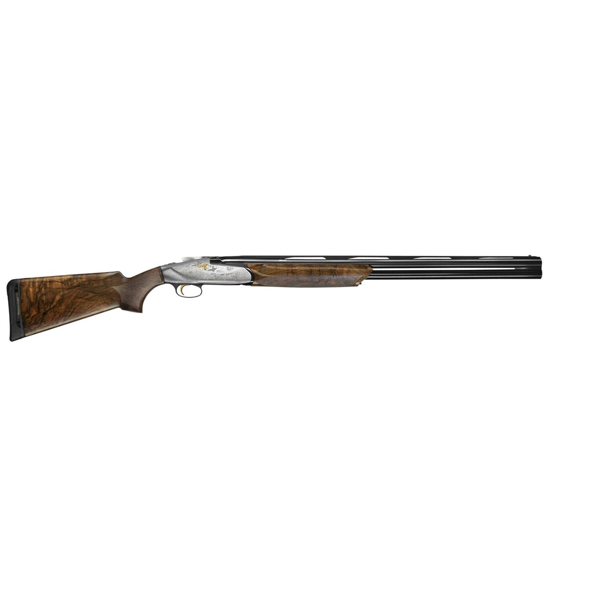 Pełny profil bocka śrutowego Benelli 828U Steel BE.S.T. Limited Edition kaliber 12/76, ukazujący elegancką osadę z drewna orzechowego klasy 5 oraz 28-calowe lufy Power Bore.
