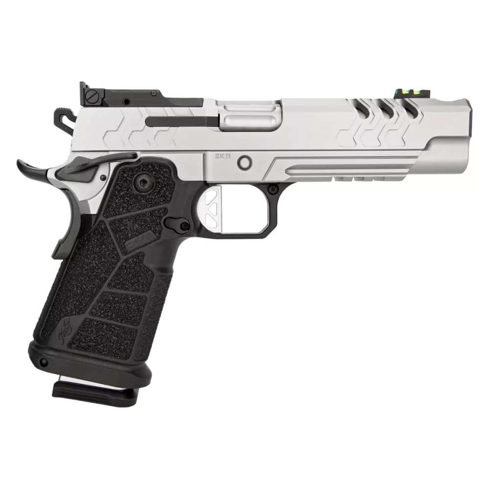 Pełna sylwetka sportowego pistoletu Kimber 2K11 COMP STAINLESS OR kaliber 9x19 mm. Widok boczny ukazuje zamek z surowej stali nierdzewnej oraz pełnowymiarowy, aluminiowy szkielet platformy 2011.
