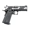 Pełna sylwetka sportowego pistoletu Kimber 2K11 PRO ECLIPSE OR 9x19 mm. Widok z profilu ukazuje dwukolorowy zamek ze zeszlifowaną czarną powłoką Kimpro oraz kompozytowy chwyt z powiększonym lejkiem.
