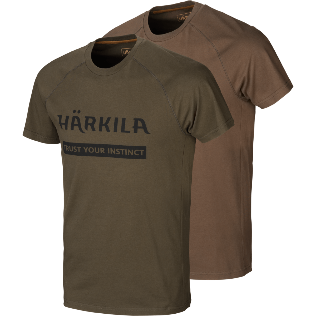 Härkila Logo 2-Pack T-shirt w kolorach willow green i slate brown – widok z przodu, idealne dla miłośników stylu outdoorowego, modne i funkcjonalne koszulki.